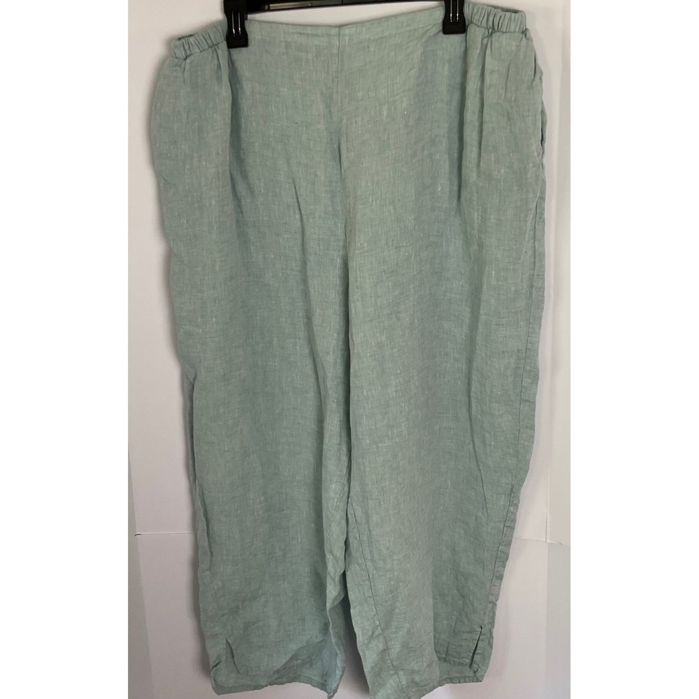 FLAX Womens 2G Sage Green 100% Linen Wide Leg Cropped Pants Elastic Waist